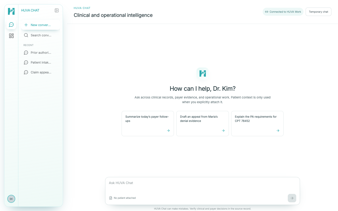 HUVA Chat clinical and operational intelligence home screen