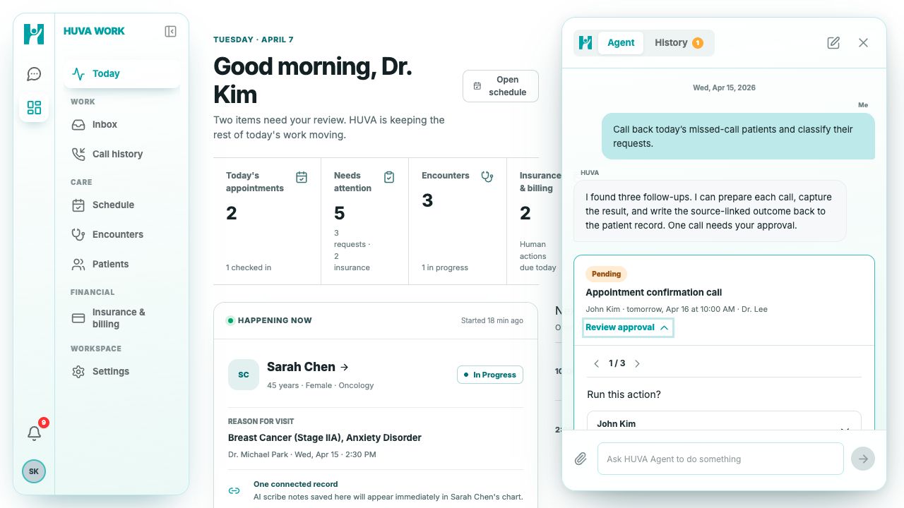 HUVA Work Today dashboard with the HUVAgent workspace and human approval control